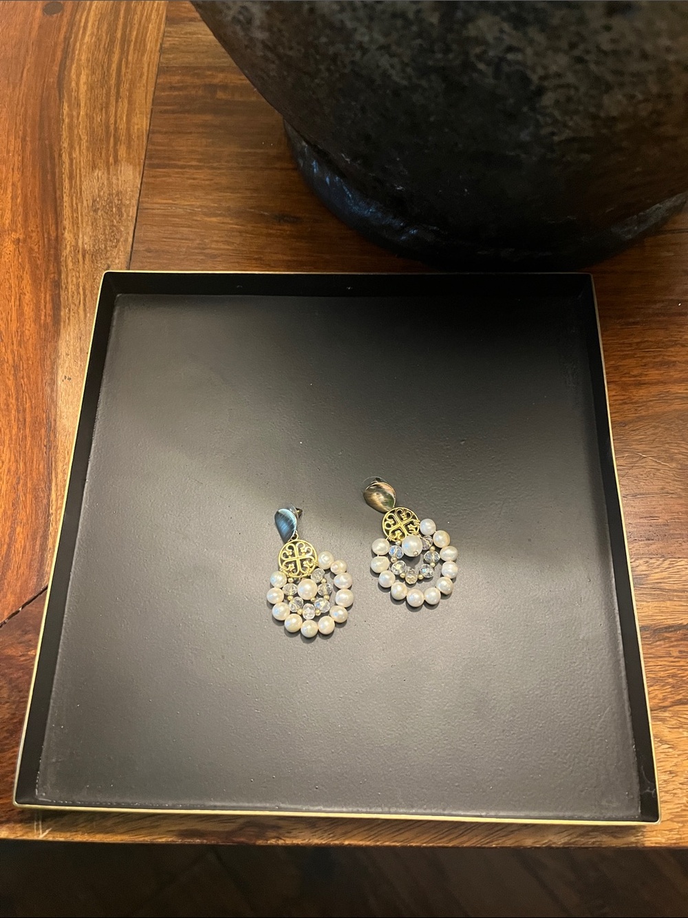 Pearl and Gold Filigree Drop Earrings - White Pearls